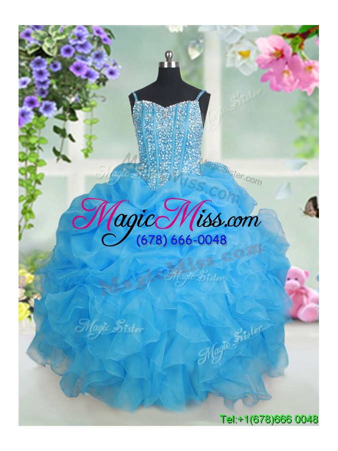wholesale visible boning beaded bodice spaghetti straps baby blue little girl pageant dress