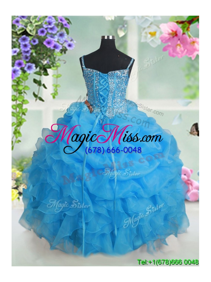 wholesale visible boning beaded bodice spaghetti straps baby blue little girl pageant dress