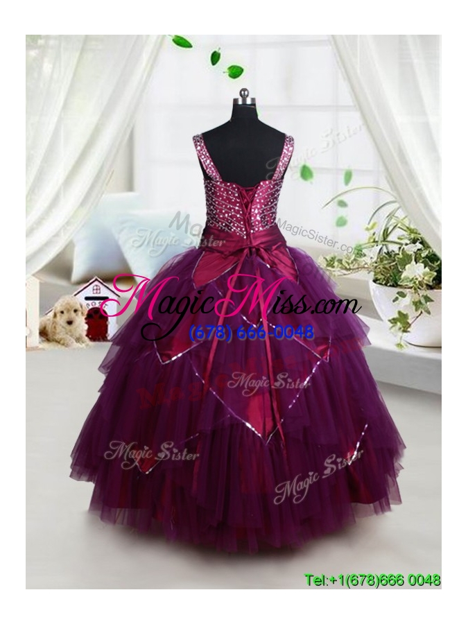 wholesale beautiful square beaded bodice and belted dark purple little girl pageant dress