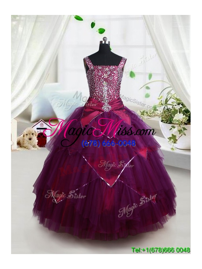 wholesale beautiful square beaded bodice and belted dark purple little girl pageant dress
