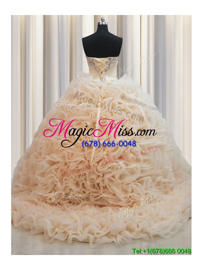 wholesale 2017 luxurious beaded brush train champagne quinceanera dress in rolling flowers