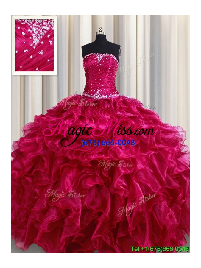 wholesale 2017 perfect strapless organza ruffled and beaded quinceanera dress in fuchsia