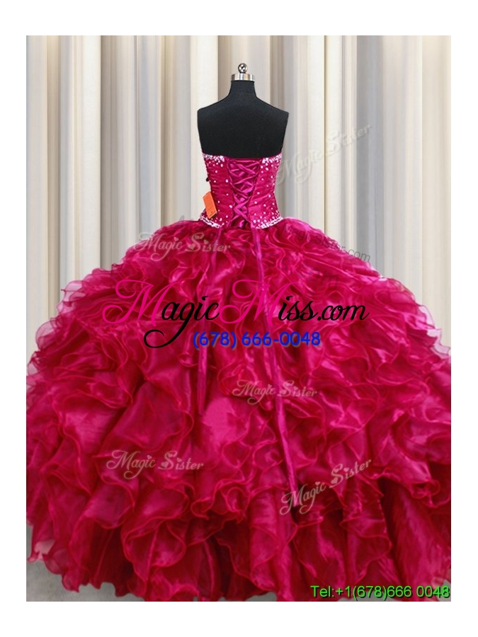 wholesale 2017 perfect strapless organza ruffled and beaded quinceanera dress in fuchsia
