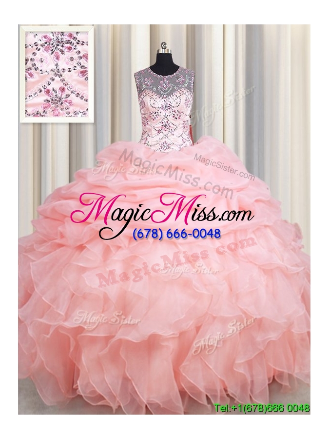 wholesale 2017 top seller see through scoop beaded and ruffled quinceanera dress in baby pink