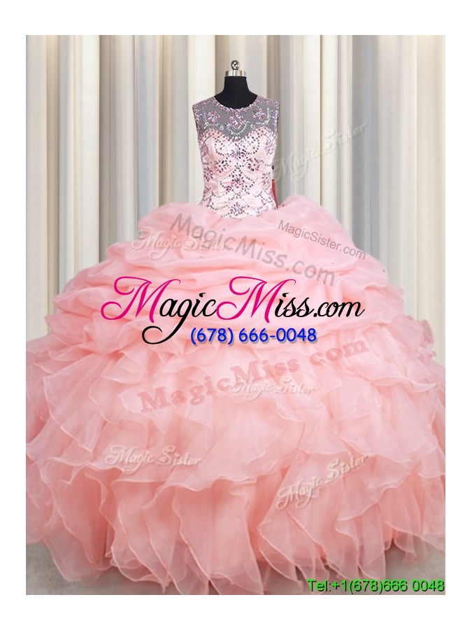 wholesale 2017 top seller see through scoop beaded and ruffled quinceanera dress in baby pink