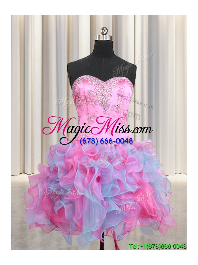 wholesale 2017 cheap beaded and ruffled organza removable quinceanera dresses in rose pink and light blue