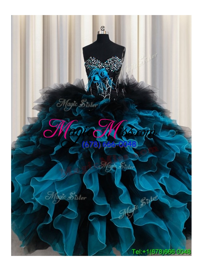 wholesale 2017 perfect organza and tulle black and blue quinceanera dress with ruffles and beading