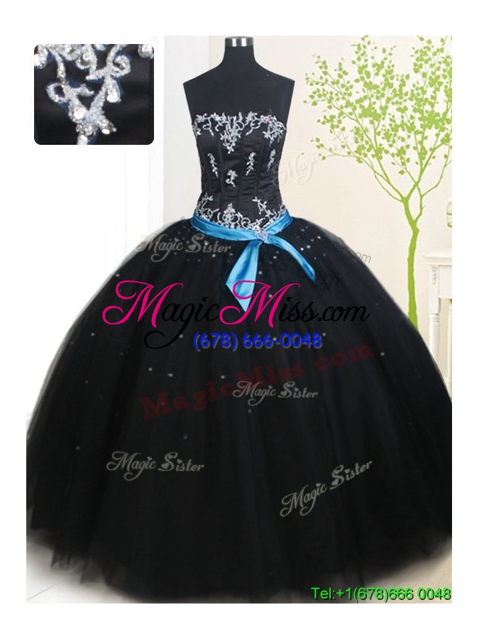 wholesale 2017 pretty puffy skirt strapless beaded and belted tulle quinceanera dress in black