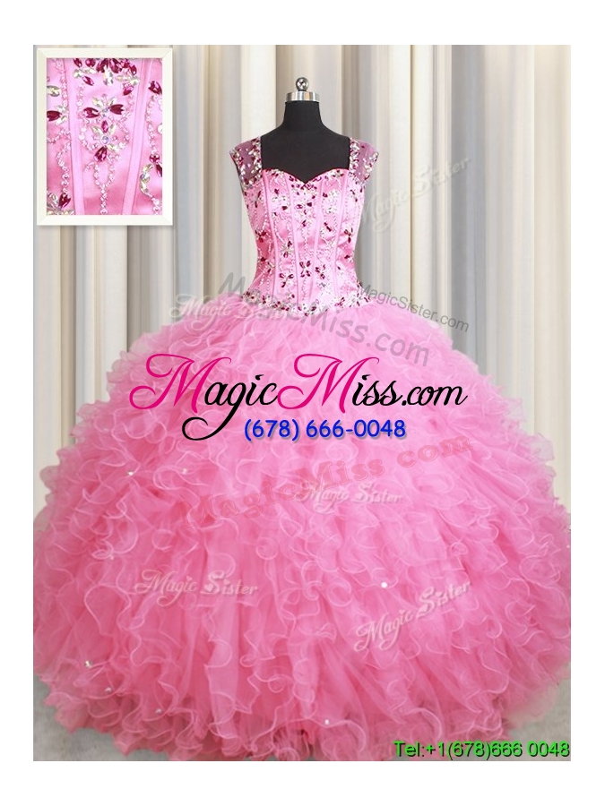 wholesale see through back visible boning zipper up ruffled quinceanera dress in rose pink
