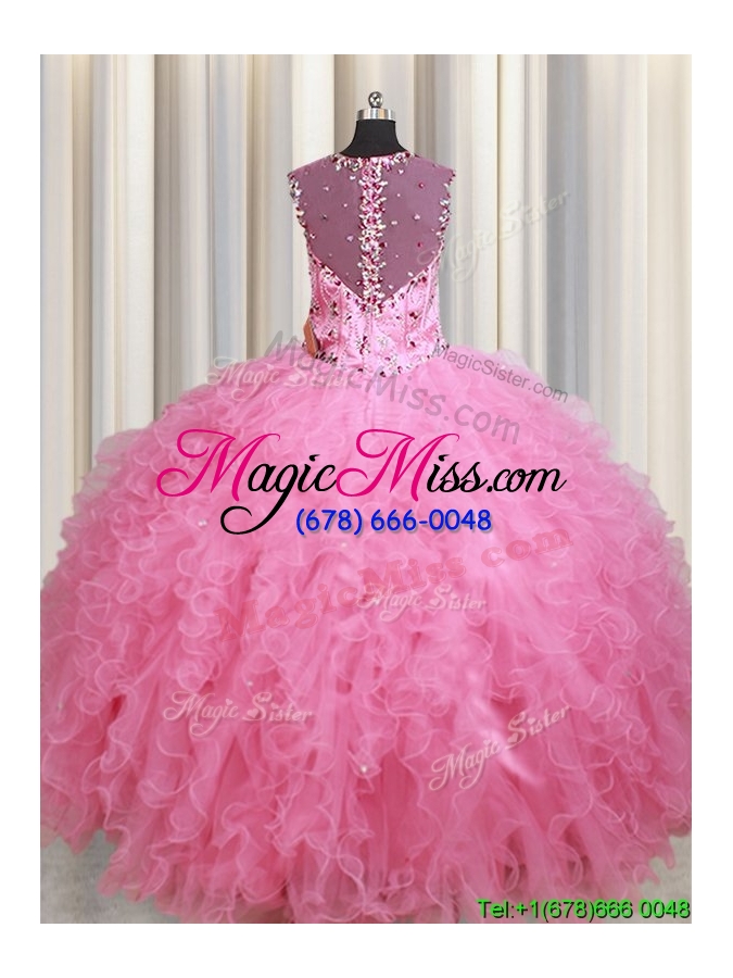 wholesale see through back visible boning zipper up ruffled quinceanera dress in rose pink