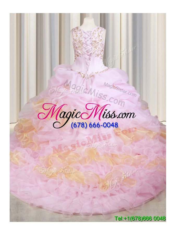 wholesale popular ruffled scoop pink and gold quinceanera dress with court train