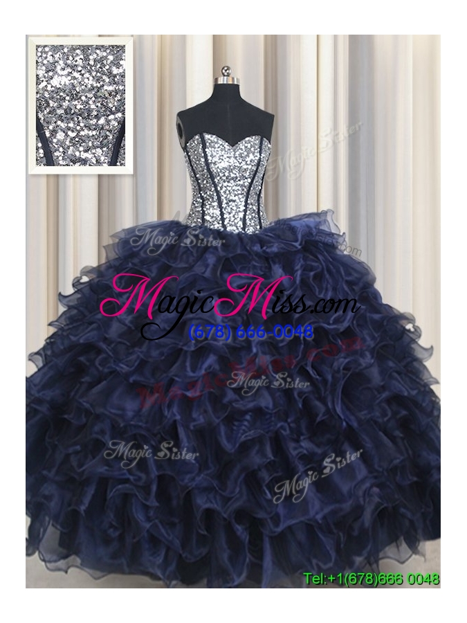 wholesale beautiful navy blue organza quinceanera dress with sequined bodice and ruffled layers