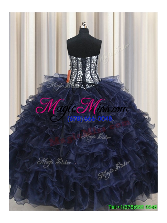 wholesale beautiful navy blue organza quinceanera dress with sequined bodice and ruffled layers