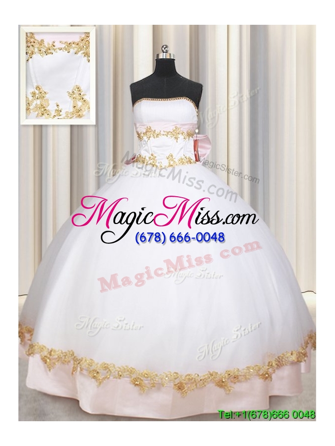 wholesale new style puffy skirt strapless bowknot and applique quinceanera dress in white