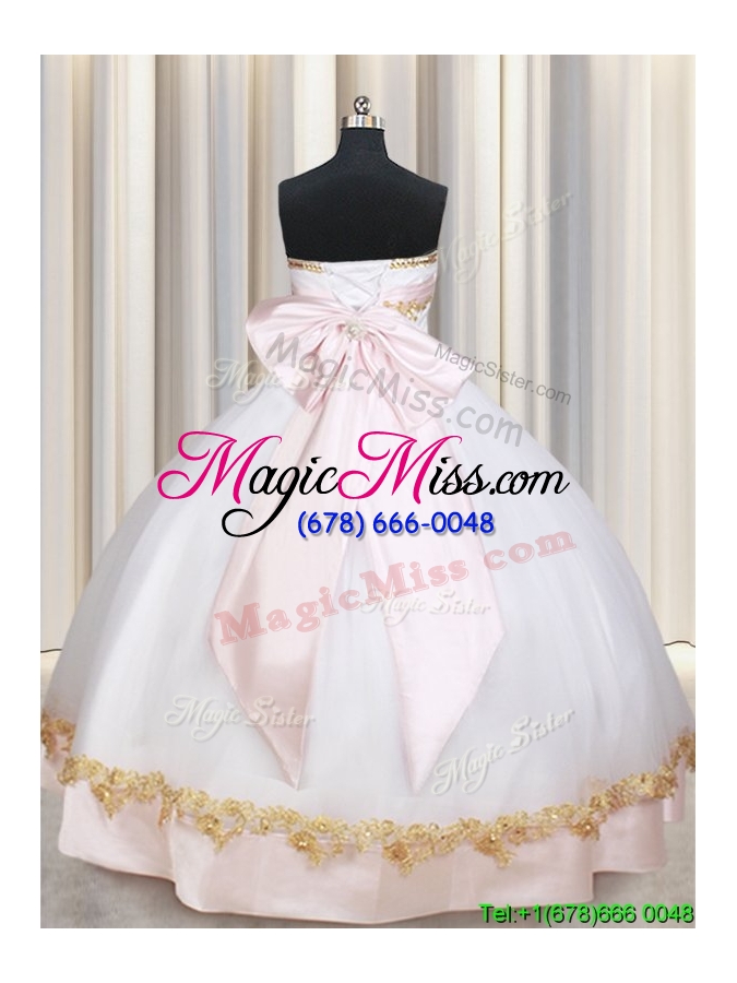 wholesale new style puffy skirt strapless bowknot and applique quinceanera dress in white