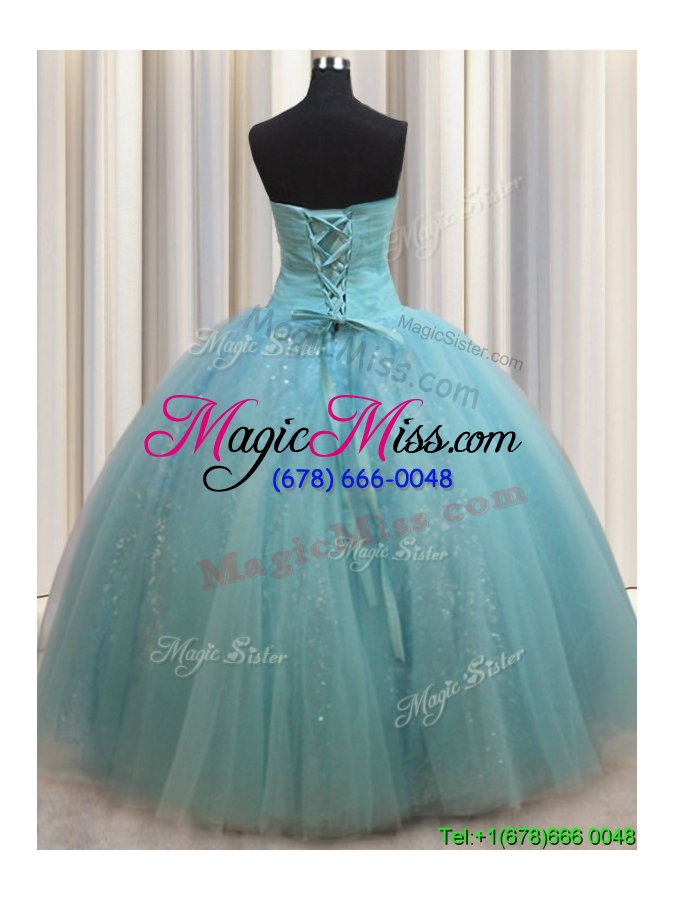 wholesale most popular beaded and bowknot aquamarine quinceanera dress in tulle and sequins