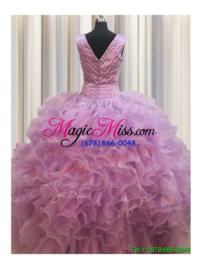 wholesale cheap v neck zipper up organza lilac quinceanera dress with beading