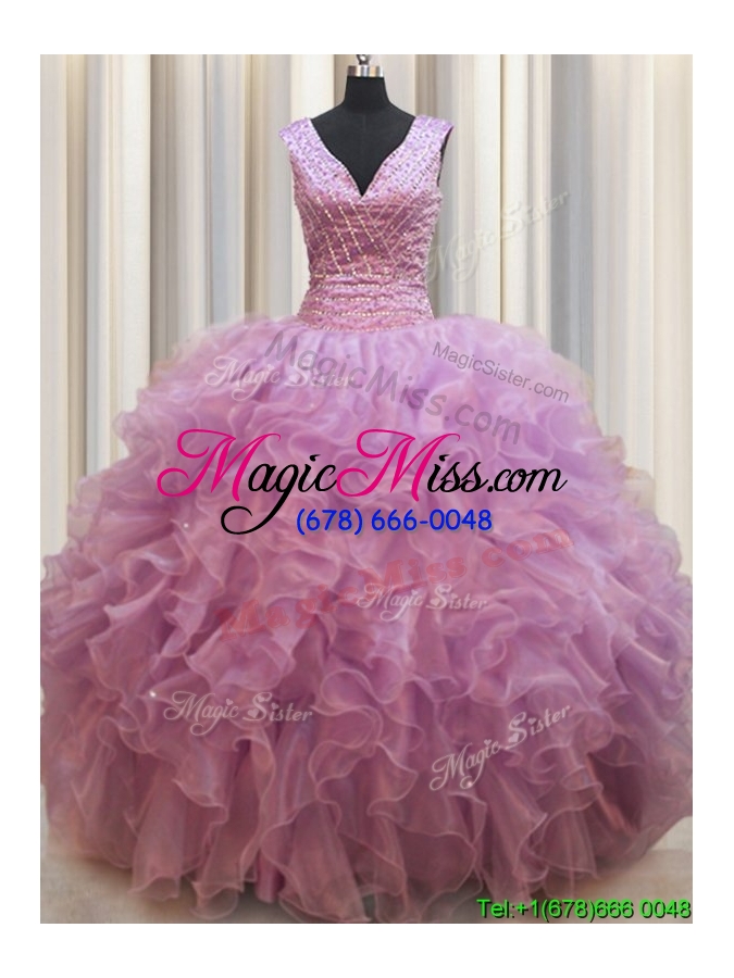 wholesale cheap v neck zipper up organza lilac quinceanera dress with beading