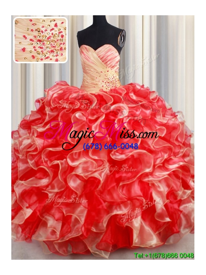 wholesale exclusive beaded and ruffled organza quinceanera dress in red and champagne