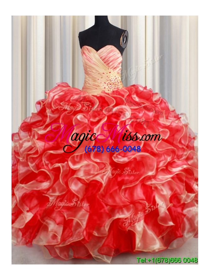 wholesale exclusive beaded and ruffled organza quinceanera dress in red and champagne