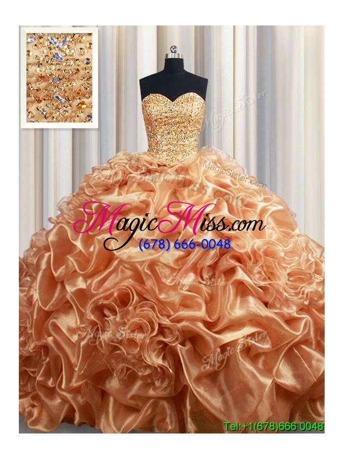 wholesale discount beaded bodice and bubble champagne quinceanera dress with court train