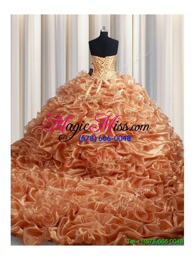 wholesale discount beaded bodice and bubble champagne quinceanera dress with court train