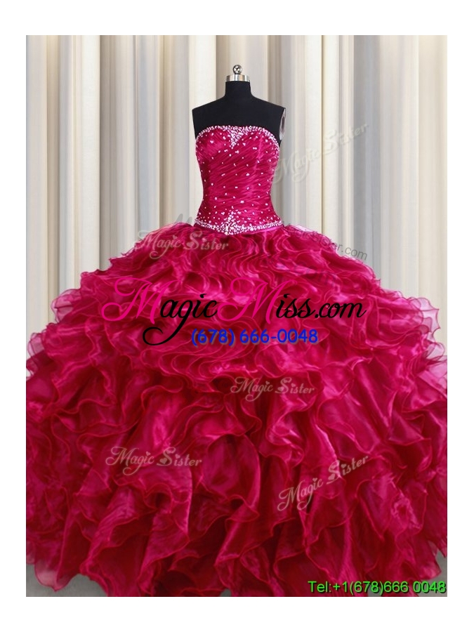 wholesale fashionable ruffled and beaded strapless burgundy detachable quinceanera dresses in organza