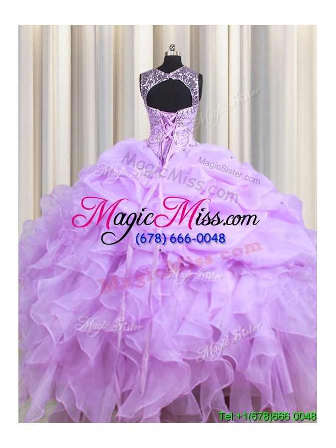 wholesale unique see through scoop beaded ruffle and bubble organza lavender quinceanera dress