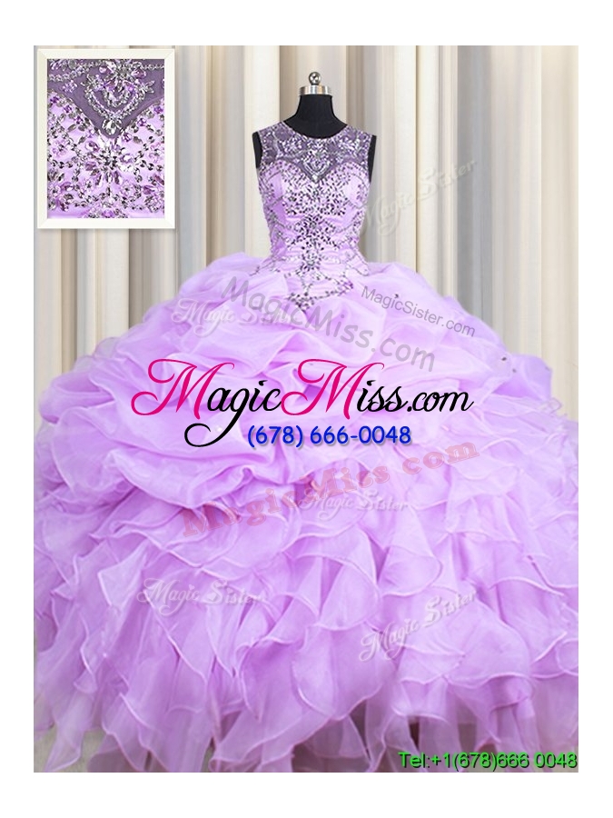 wholesale unique see through scoop beaded ruffle and bubble organza lavender quinceanera dress
