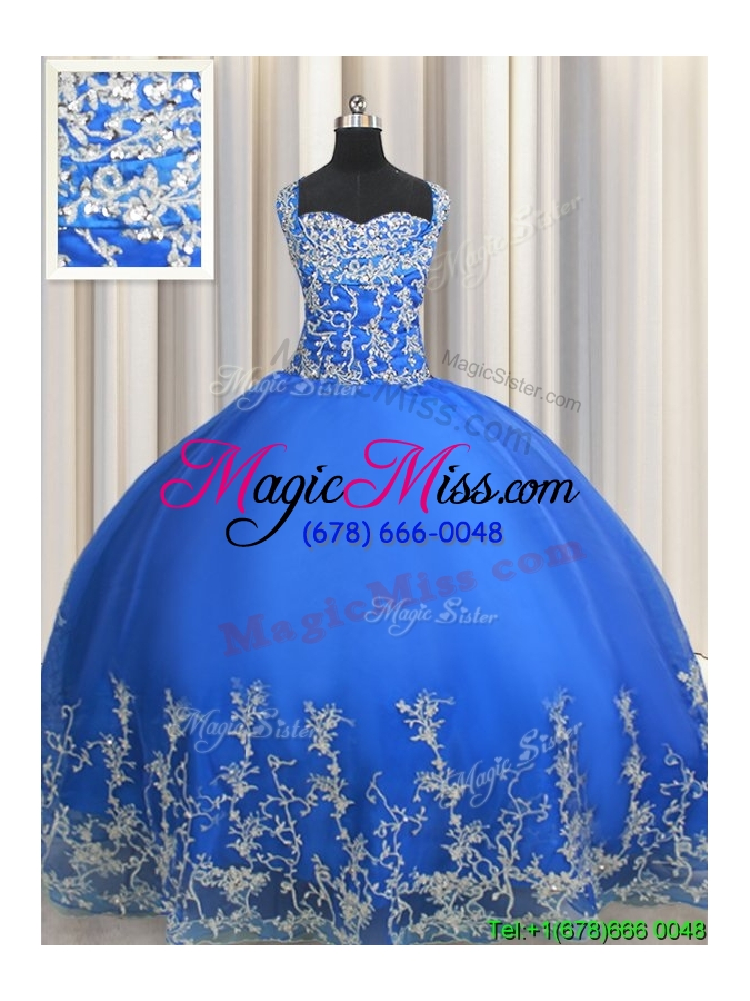 wholesale classical really puffy beaded and applique straps quinceanera dress in blue