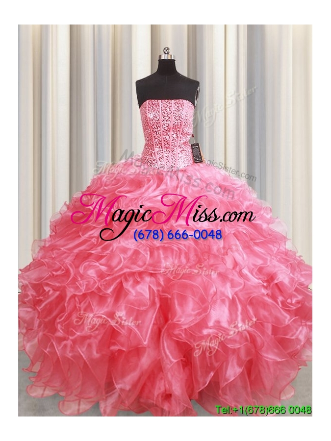 wholesale discount visible boning strapless beaded bodice ruffled coral red quinceanera dress