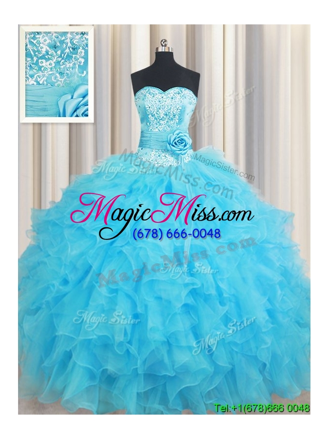 wholesale elegant handcrafted flower and ruffled organza quinceanera dress in baby blue