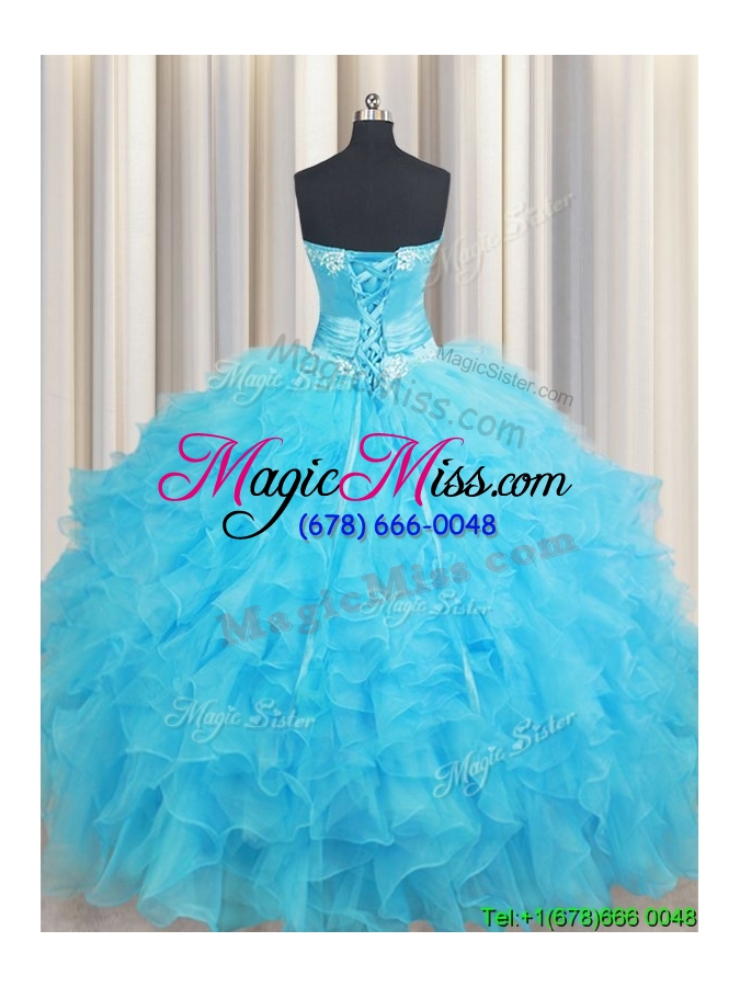 wholesale elegant handcrafted flower and ruffled organza quinceanera dress in baby blue
