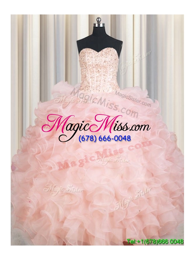 wholesale modern visible boning beaded bodice organza baby pink quinceanera dress with ruffles