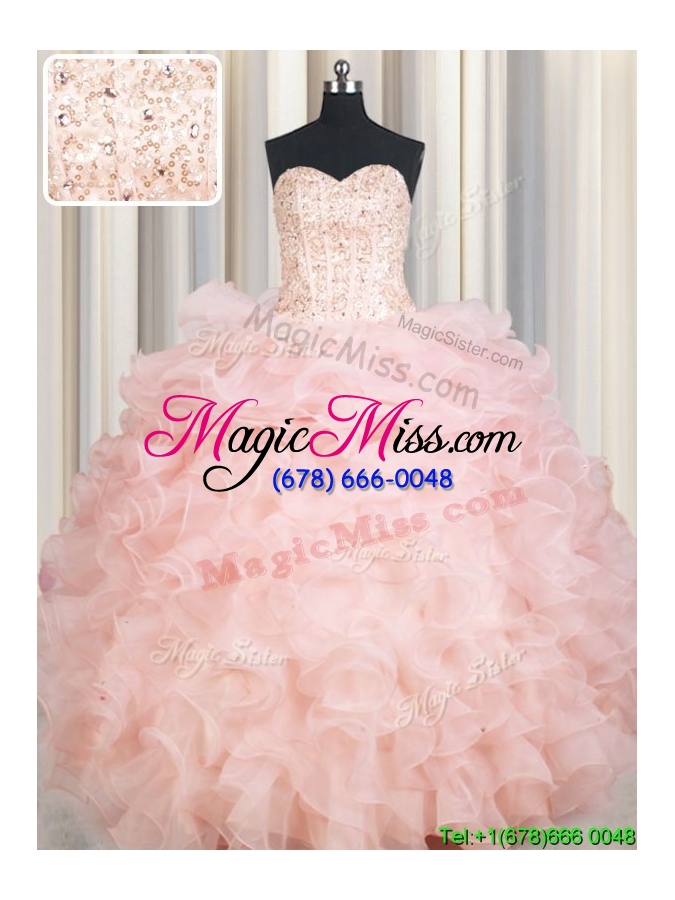 wholesale modern visible boning beaded bodice organza baby pink quinceanera dress with ruffles