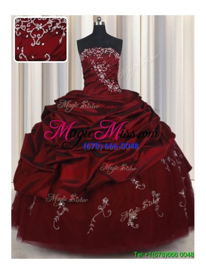 wholesale affordable strapless taffeta and tulle wine red quinceanera dress with beading and bubbles