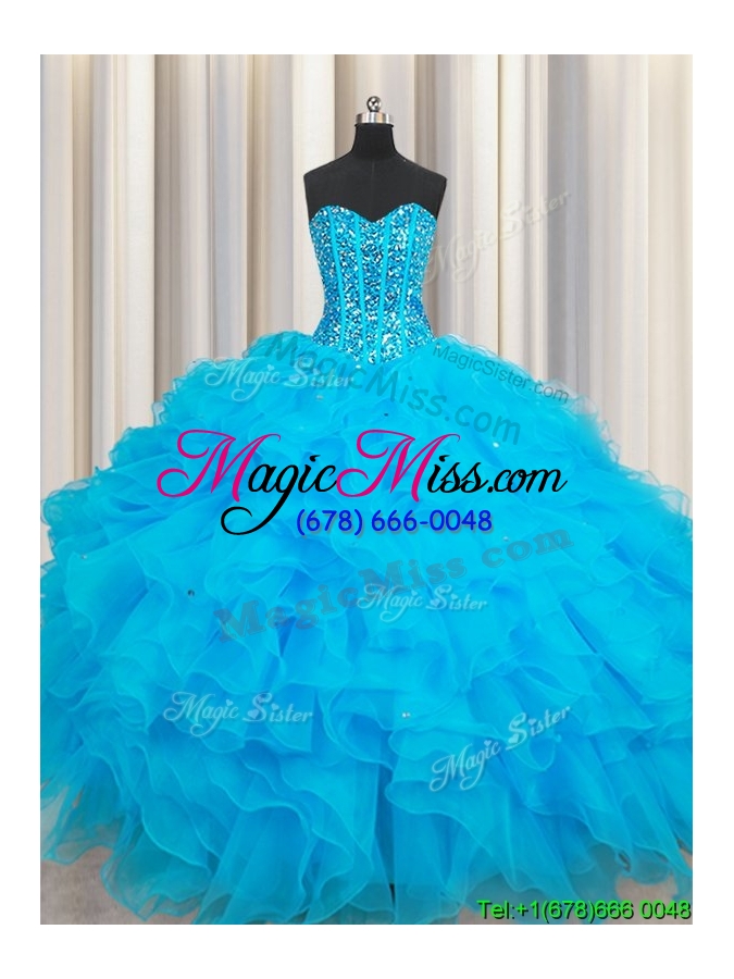 wholesale discount visible boning baby blue quinceanera dress with beaded bodice and ruffles