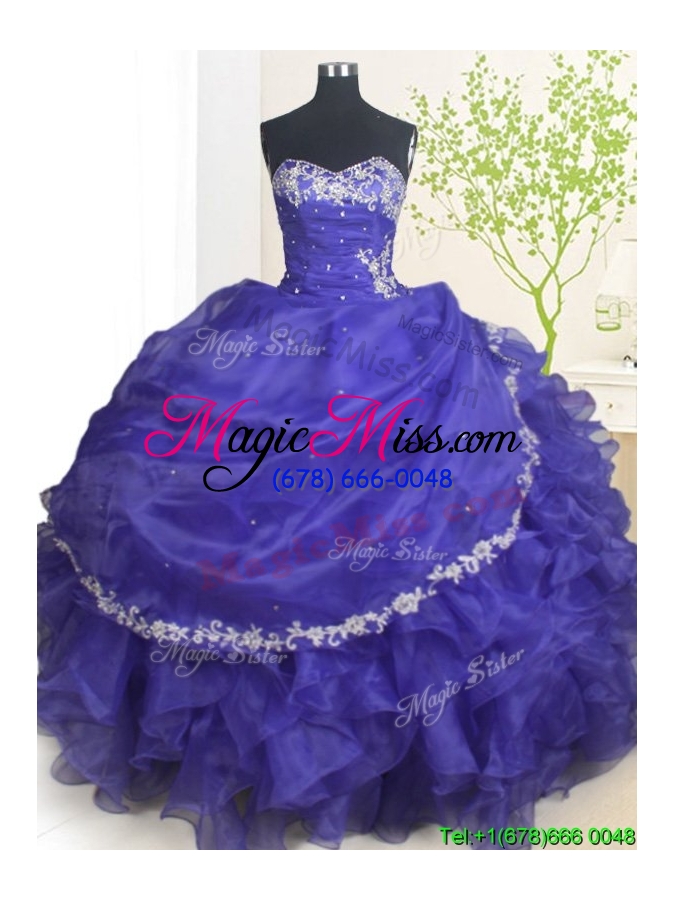 wholesale cheap beaded ruffled organza blue quinceanera dress with appliques and bubbles