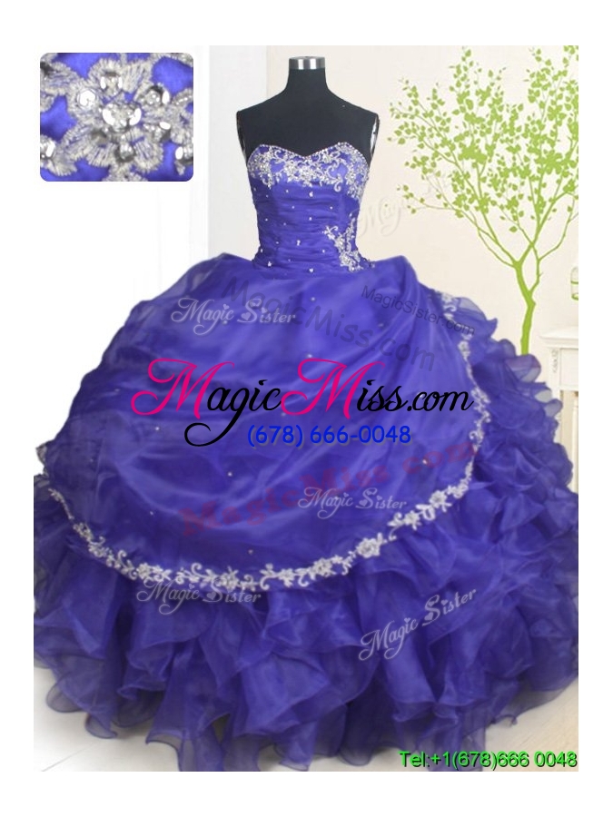 wholesale cheap beaded ruffled organza blue quinceanera dress with appliques and bubbles