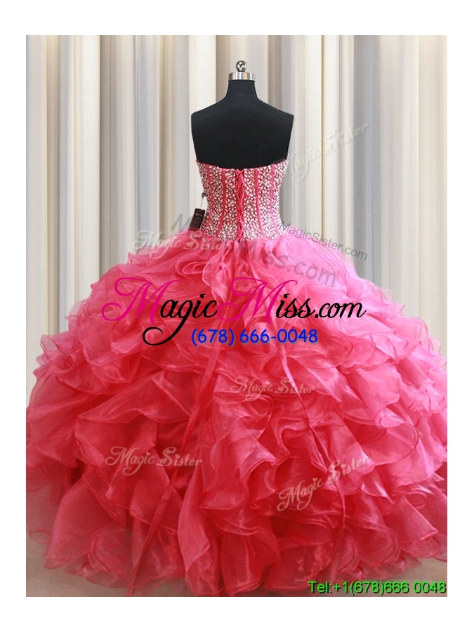 wholesale pretty visible boning beaded bodice and ruffled quinceanera dress in coral red