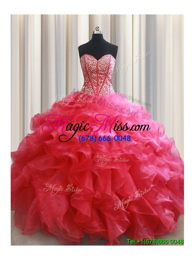 wholesale pretty visible boning beaded bodice and ruffled quinceanera dress in coral red