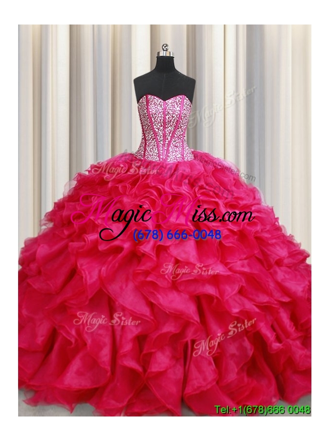 wholesale visible boning beaded bodice brush train coral red quinceanera dress with ruffles