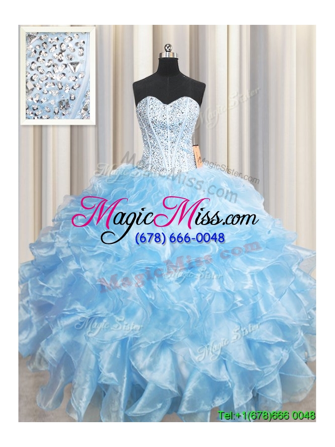 wholesale unique visible boning organza beaded bodice and ruffled light blue quinceanera dress