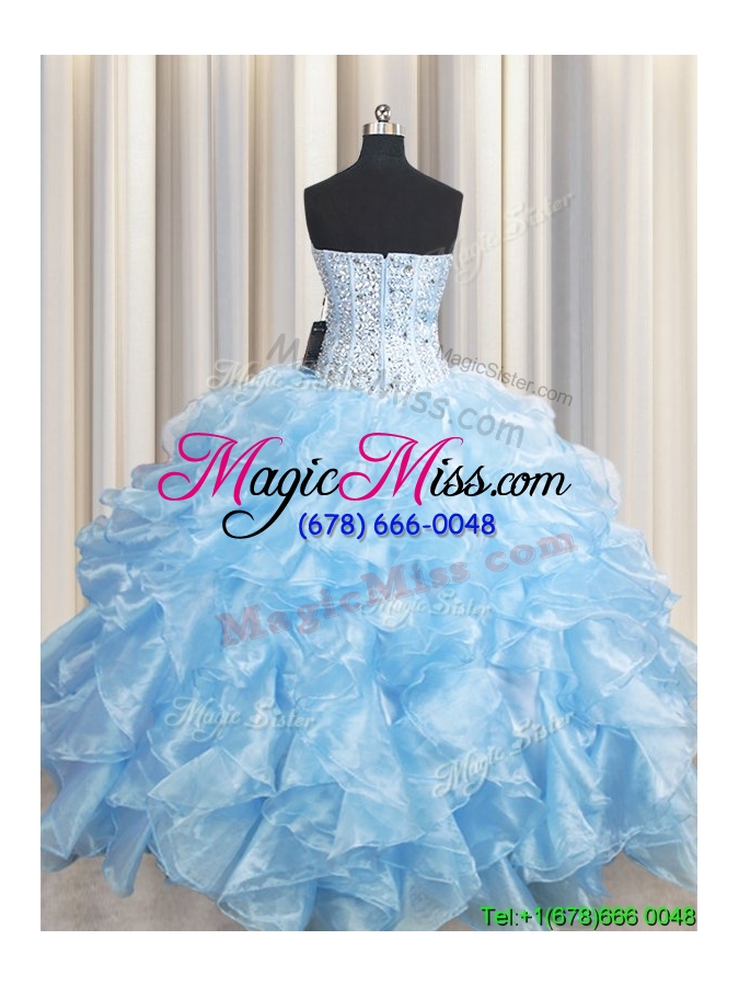 wholesale unique visible boning organza beaded bodice and ruffled light blue quinceanera dress