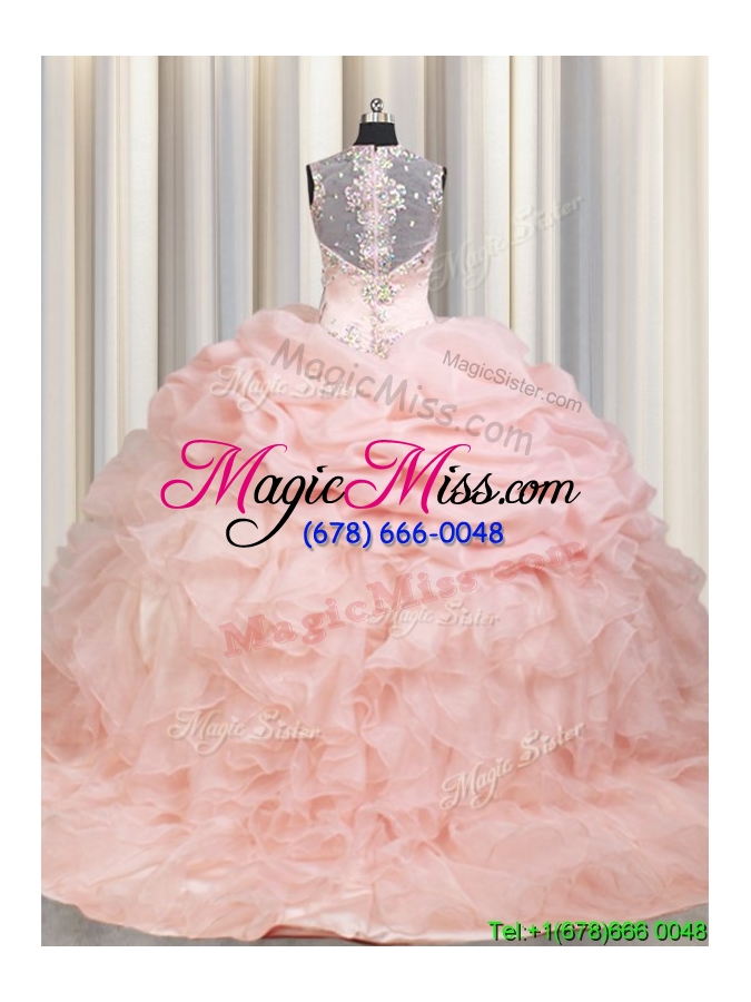 wholesale romantic straps see through back brush train zipper up quinceanera dress in baby pink