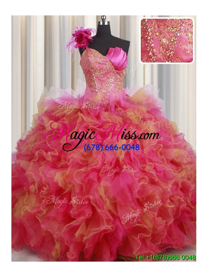wholesale modest one shoulder ruffled and handcrafted flower quinceanera dress in organza and tulle
