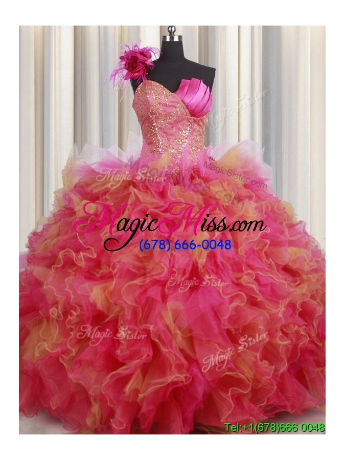 wholesale modest one shoulder ruffled and handcrafted flower quinceanera dress in organza and tulle