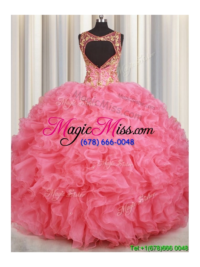 wholesale cheap watermelon red open back v neck quinceanera dress with beading and ruffles