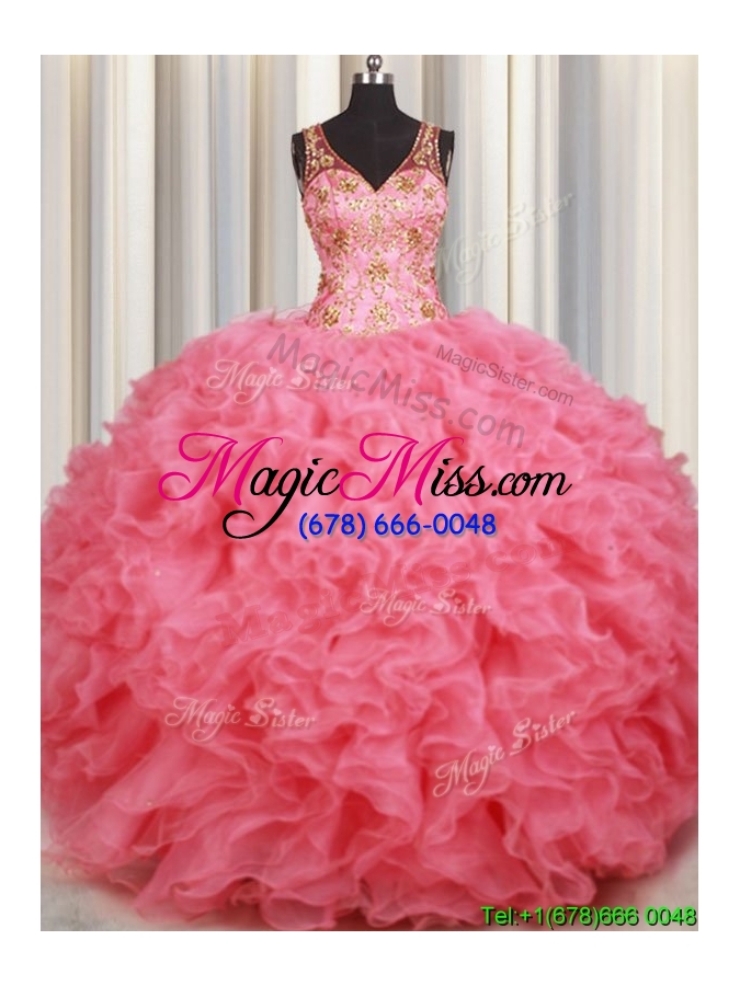 wholesale cheap watermelon red open back v neck quinceanera dress with beading and ruffles