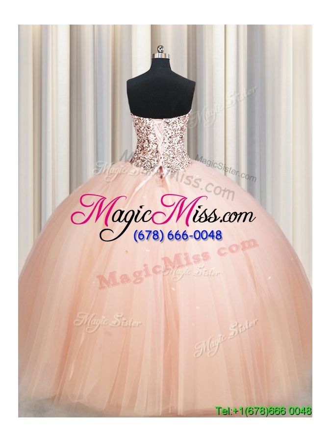 wholesale exquisite big puffy beaded bodice strapless peach quinceanera dress in tulle